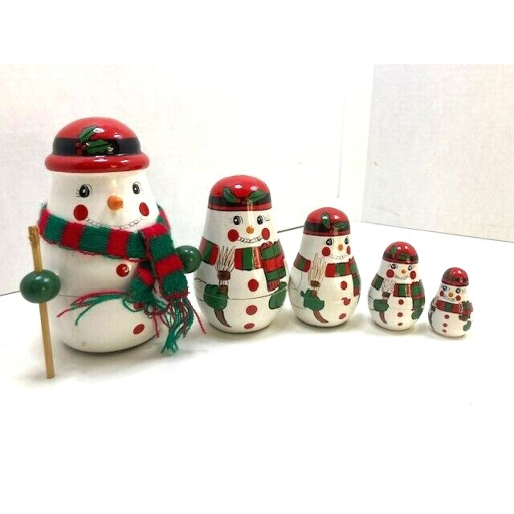 5‎ piece Vintage Christmas Winter Snowman Nesting Dolls with Silver Base